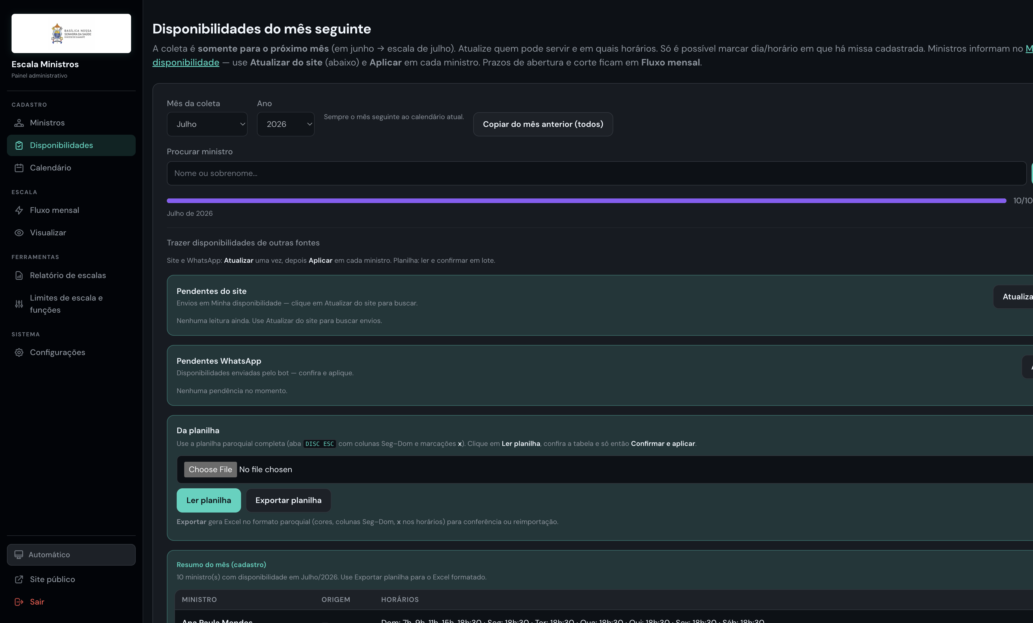 Aba Disponibilidades com lista de ministros e pendentes WhatsApp